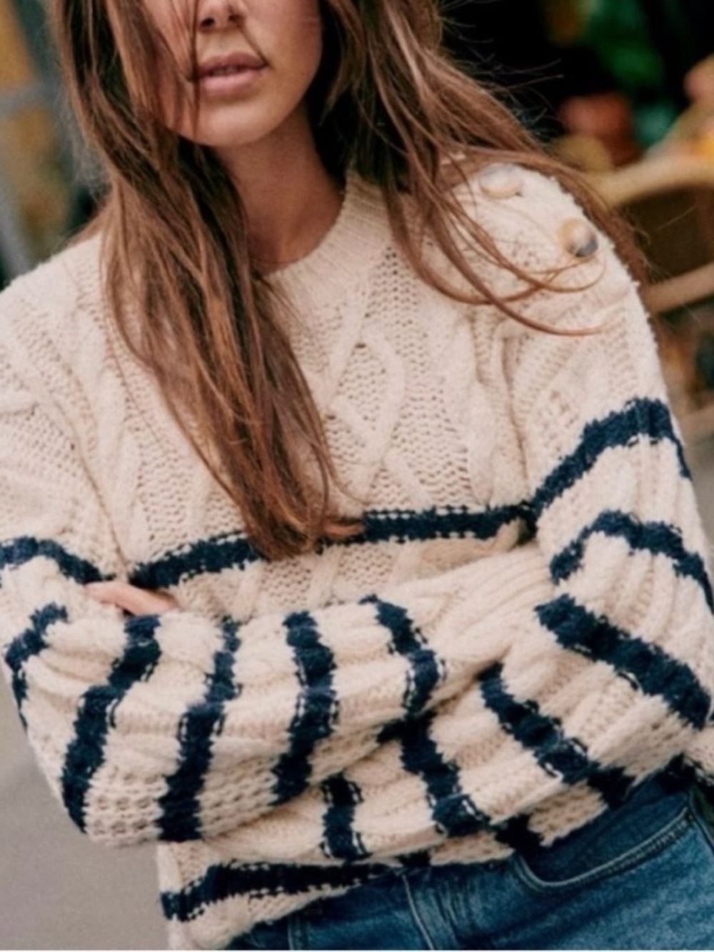SEZANE James Navy Blue Ivory Striped Cable Knit Button Shoulder Sweater Sz Small - Picture 1 of 10